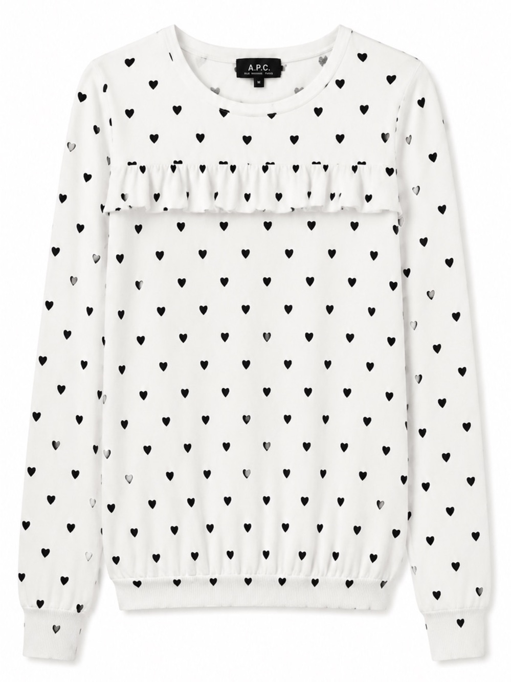 A.P.C. White Long Sleeve Heart-Print Ruffle Top